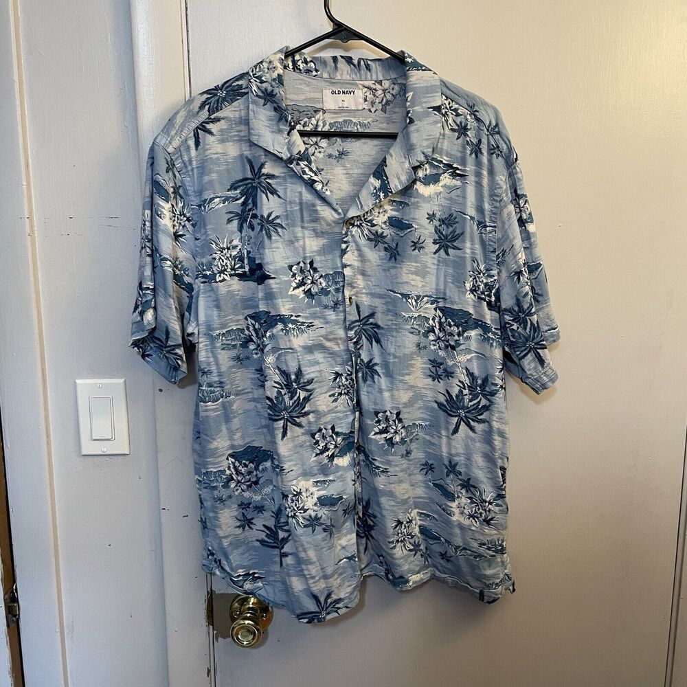 Old Navy Mens Hawaiian Shirt Sz Xl Light Blue Palm Print Button Down